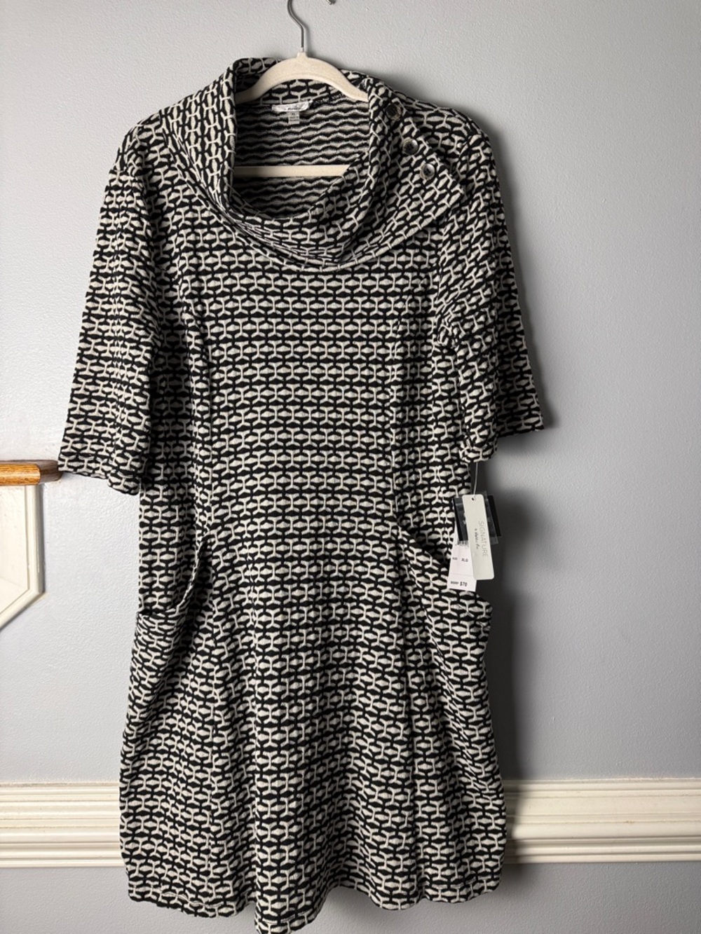New Signature by Robbie Bee Black and White Knit Cowl Neck Dress. Very cute